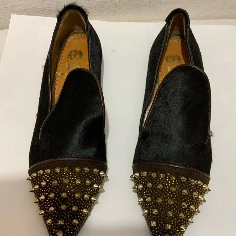 New Jesu  Segun Pointy Toe Studded calf hair  Loafers Dress Shoes  luxury Italy